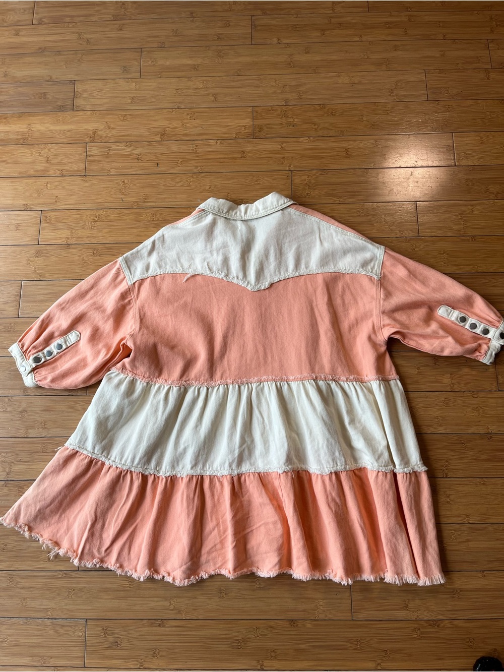 POL Pink & Cream Long Sleeve Tiered Denim Dress Western Boho Frayed Hem - Picture 11 of 11
